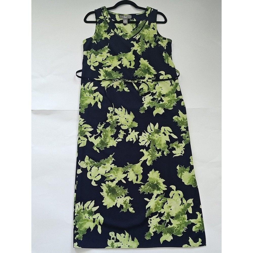 Norton McNaughton Petites Navy Blue Lime Green Floral Maxi Dress PM‎ V-Neck Tie